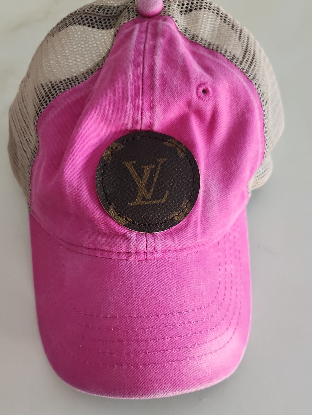 Repurposed Pink Mesh Back Cap with Logo Patch